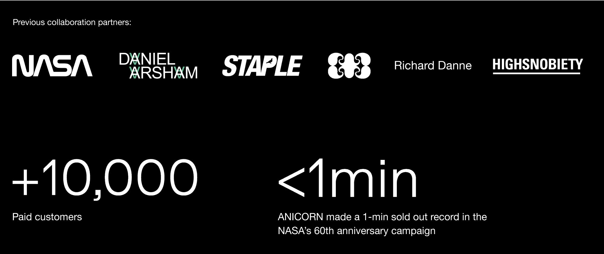 A banner which shows the previous collaboration partners included NASA, Daniel Arsham, Staple, M/M, Richard Danne, Highsnobiety. 