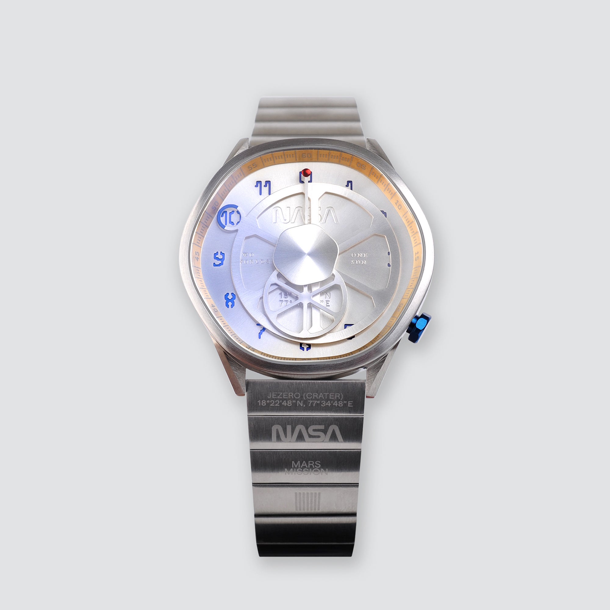 The Mars Time, a watch inspired by Nasa's Perseverance Rover’s landing site Jezero Crater and designed by Anicorn Watches, placed on a white background. View 1