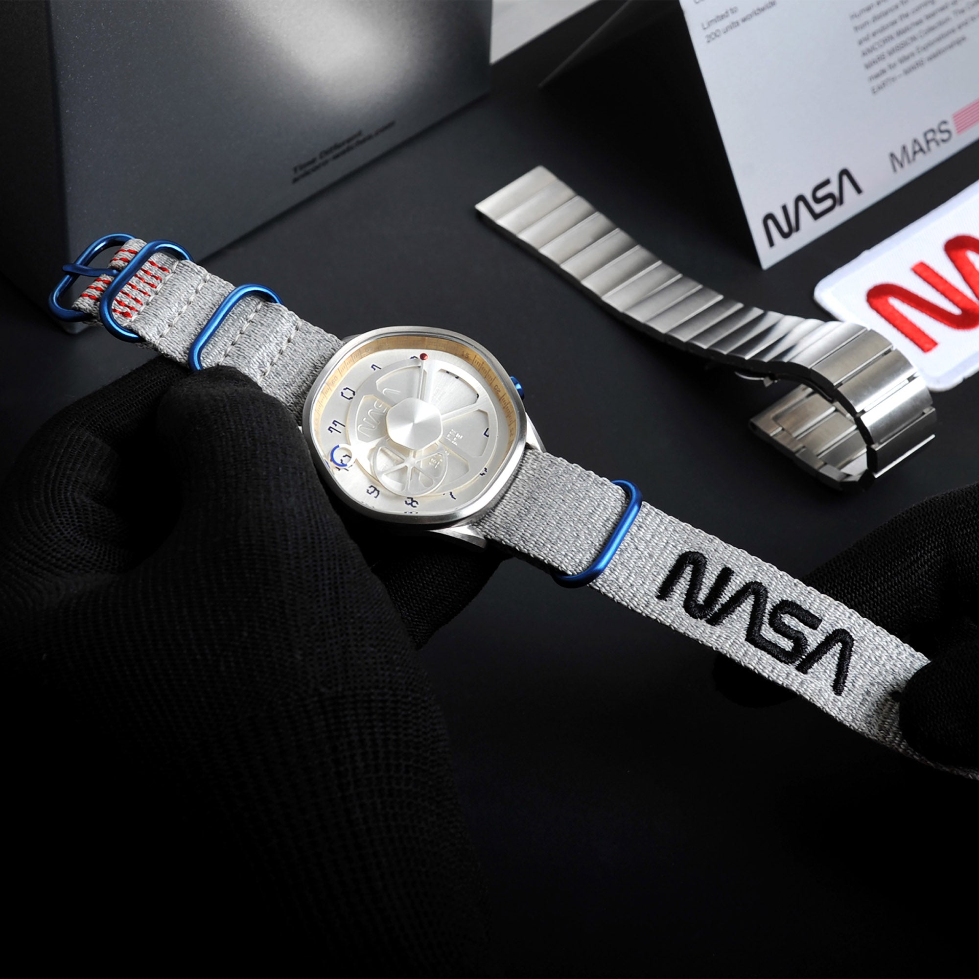 The Mars Time, a watch inspired by Nasa's Perseverance Rover’s landing site Jezero Crater and designed by Anicorn Watches, placed on a white background. View 1