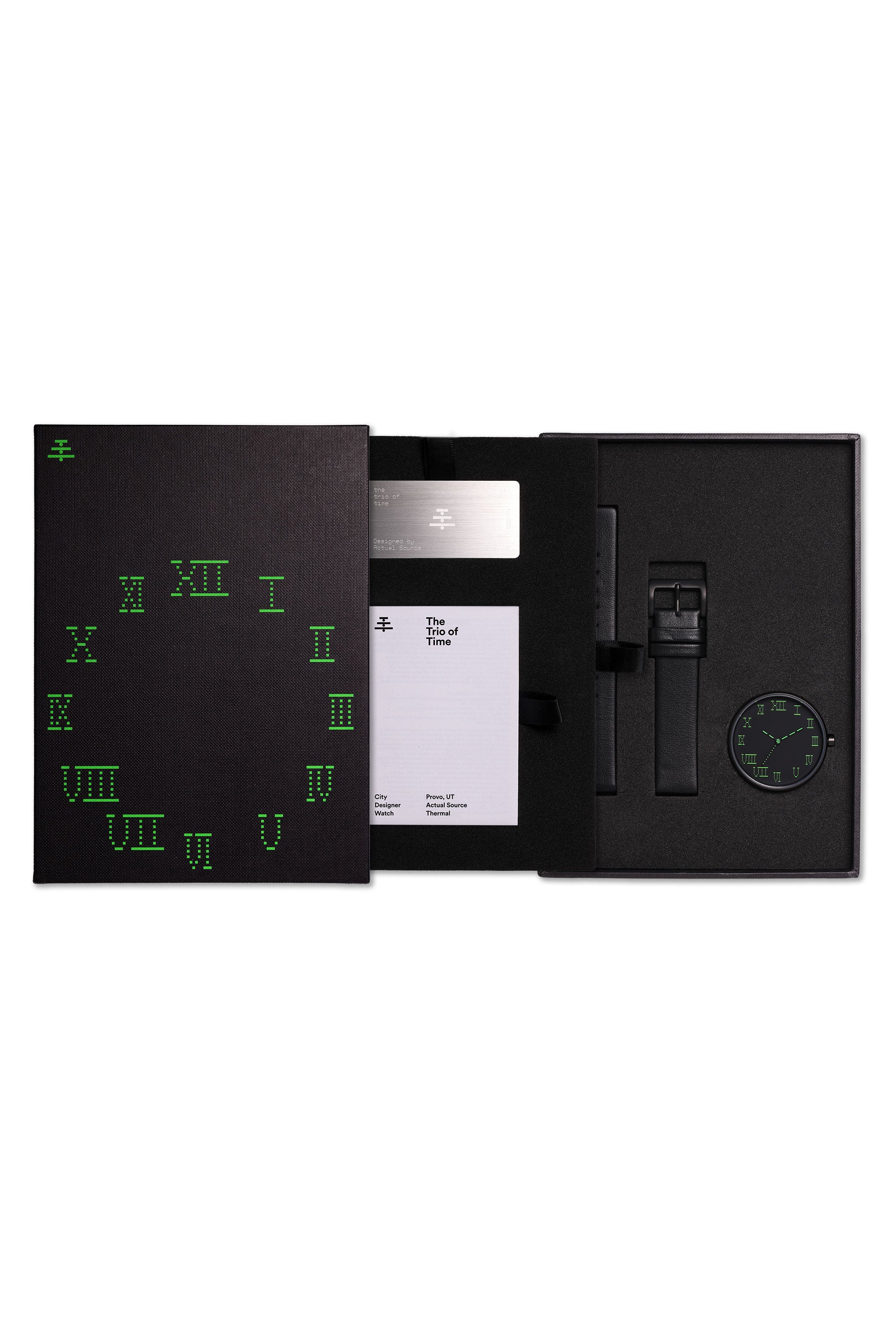 Showcasing the front view of the TTT - ACTUAL SOURCE - THERMAL watch, along with its packaging, against a pristine white background.