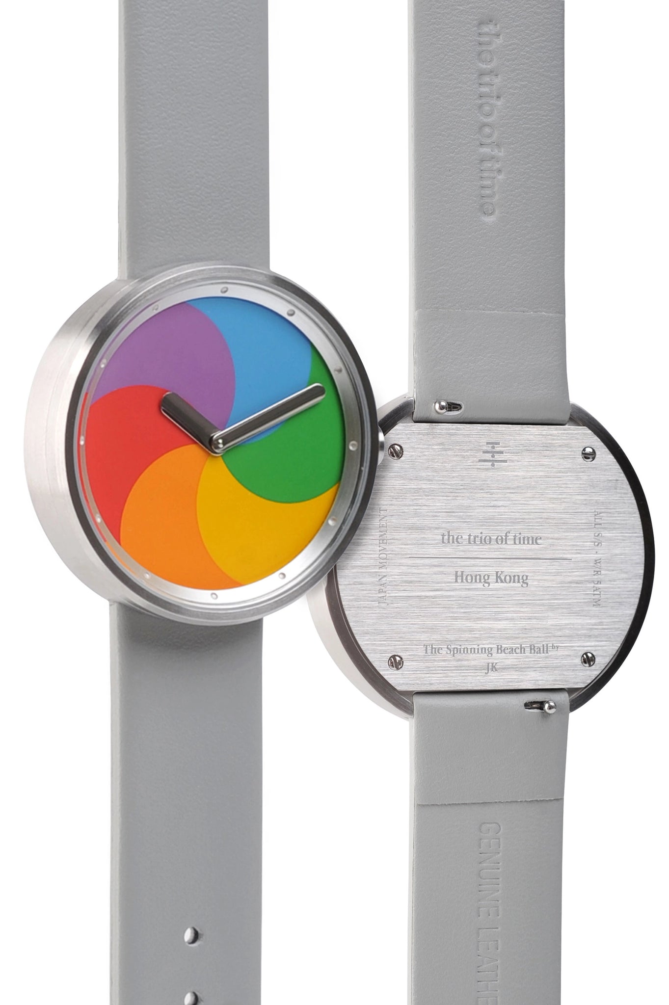 A close-up of two "Spinning Beach Ball" watches, showcasing the front side and back case.