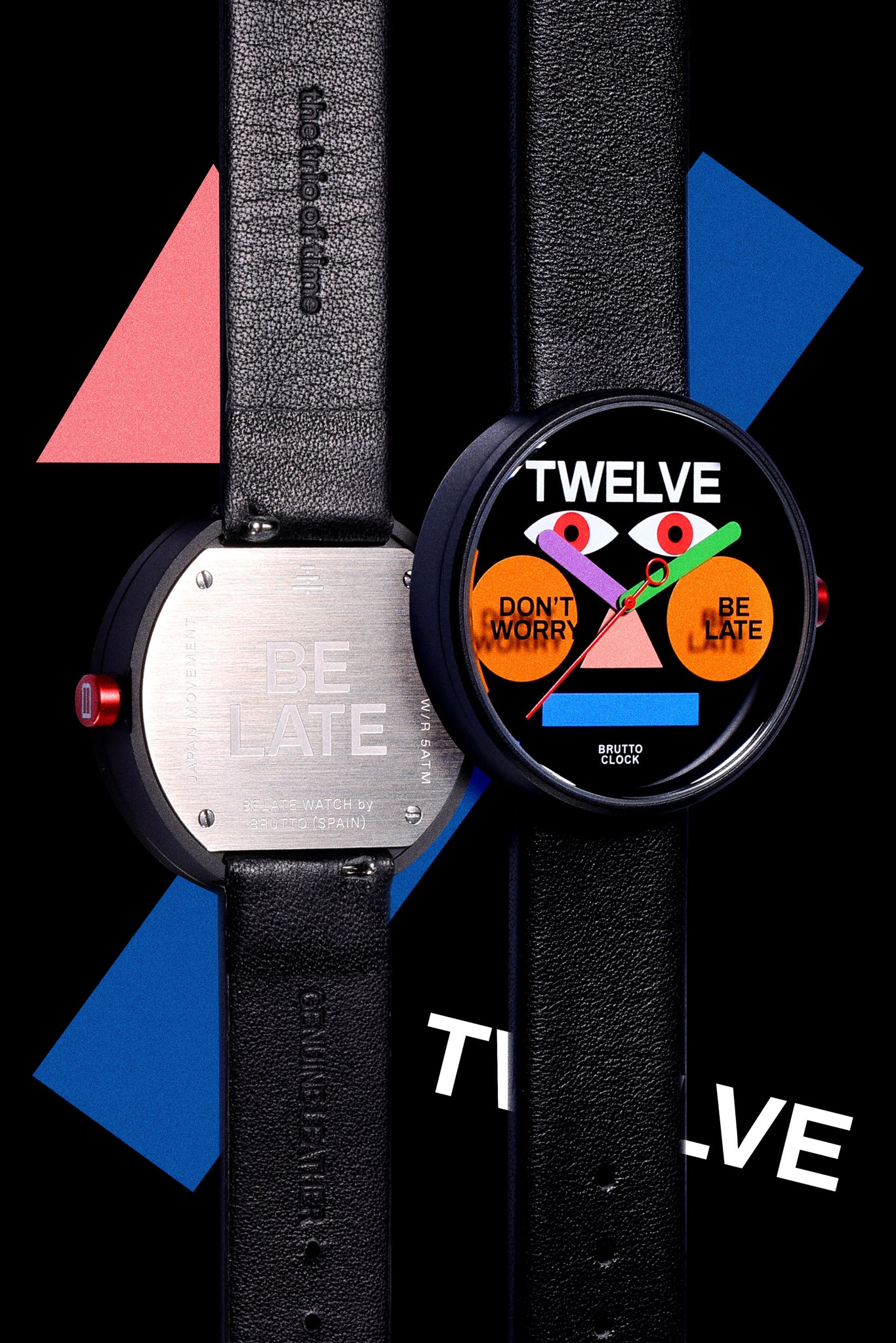 Introducing the front and back views of the TTT - Brutto Studio - Be Late watch, presented against a watch elements background.