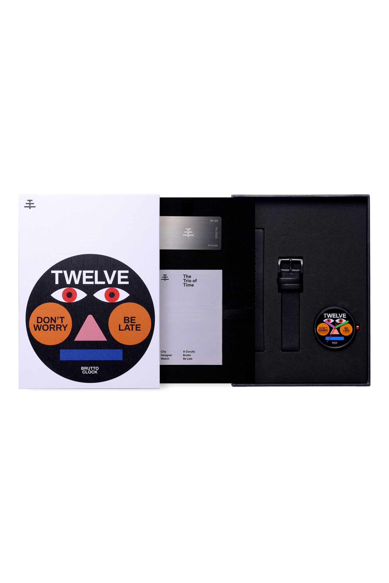 Showcasing the front view of the TTT - Brutto Studio - Be Late watch, along with its packaging, against a pristine white background.