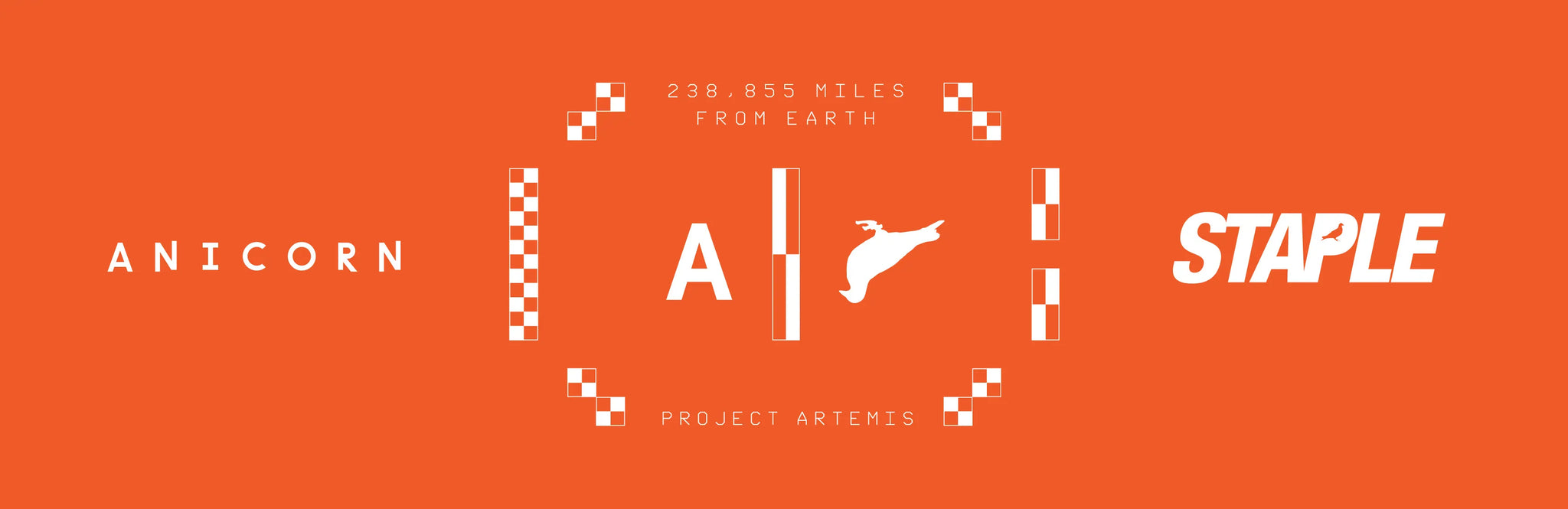 A banner of Anicorn x Staple, 238,855 miles from earth in an orange background
