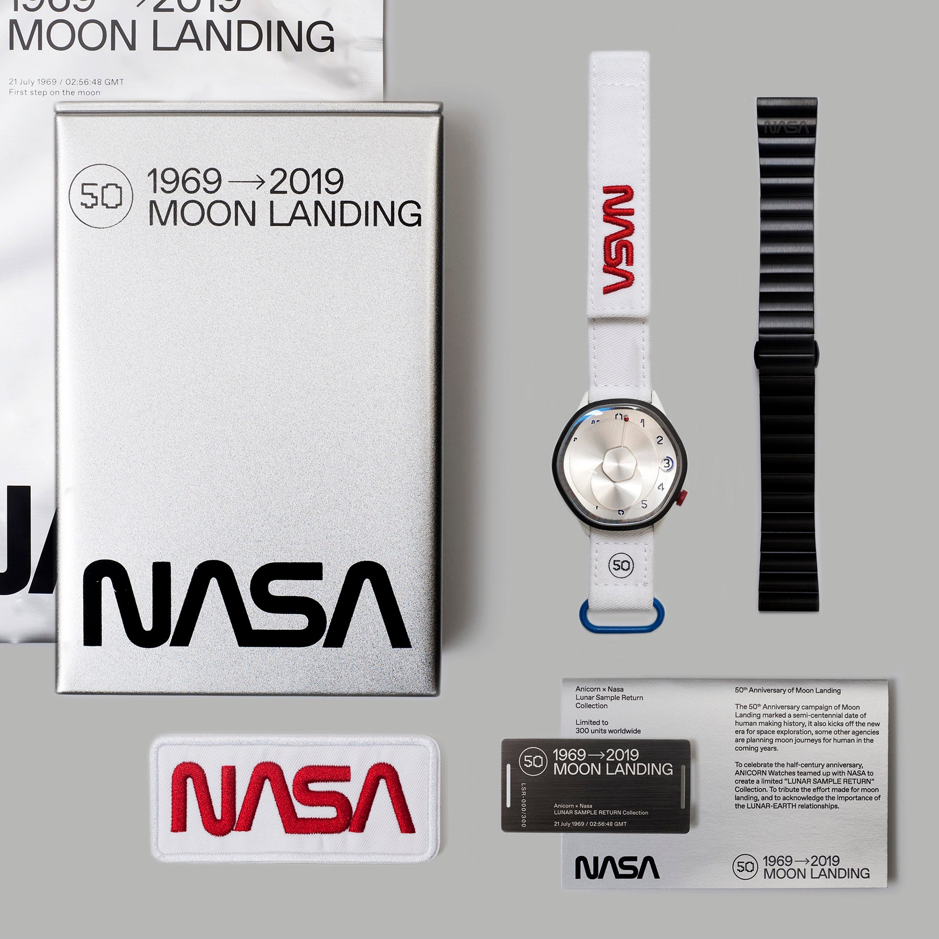 Full package includes: mechanical timepiece  White textile straps Stainless Steel Bracelet NASA embroidered patch Metal warranty card
