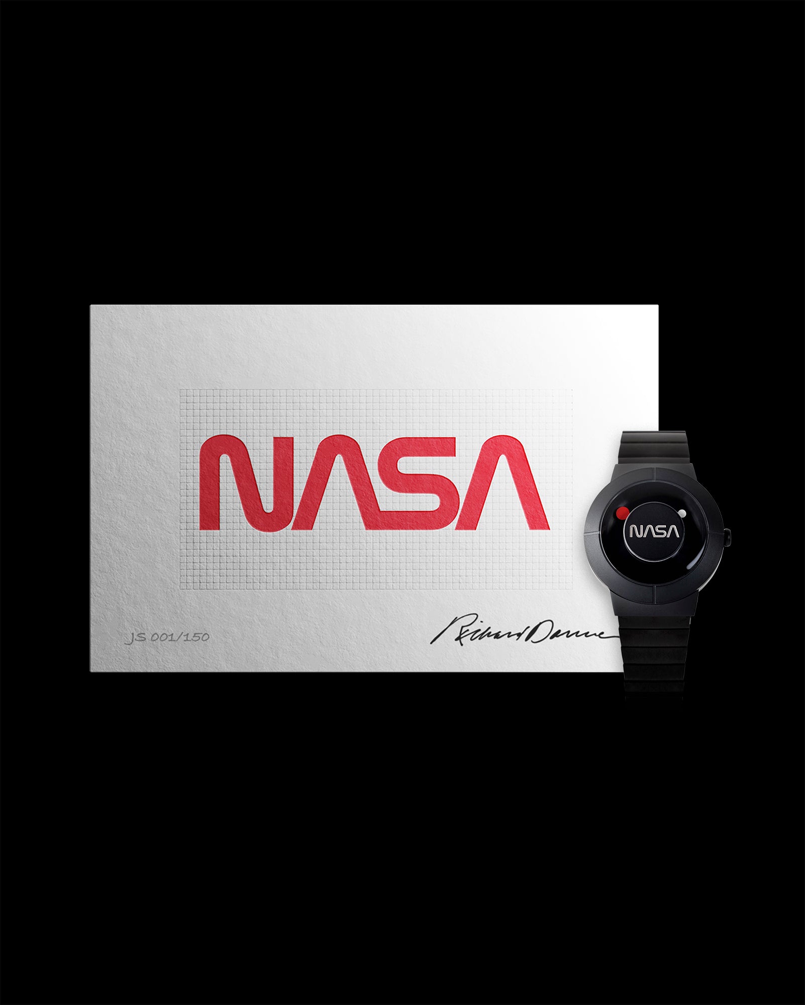The Space Watch by Richard Danne (Father of the NASA Design Program) - Space Black, with a letterpress art print with handwritten autograph by Richard Danne