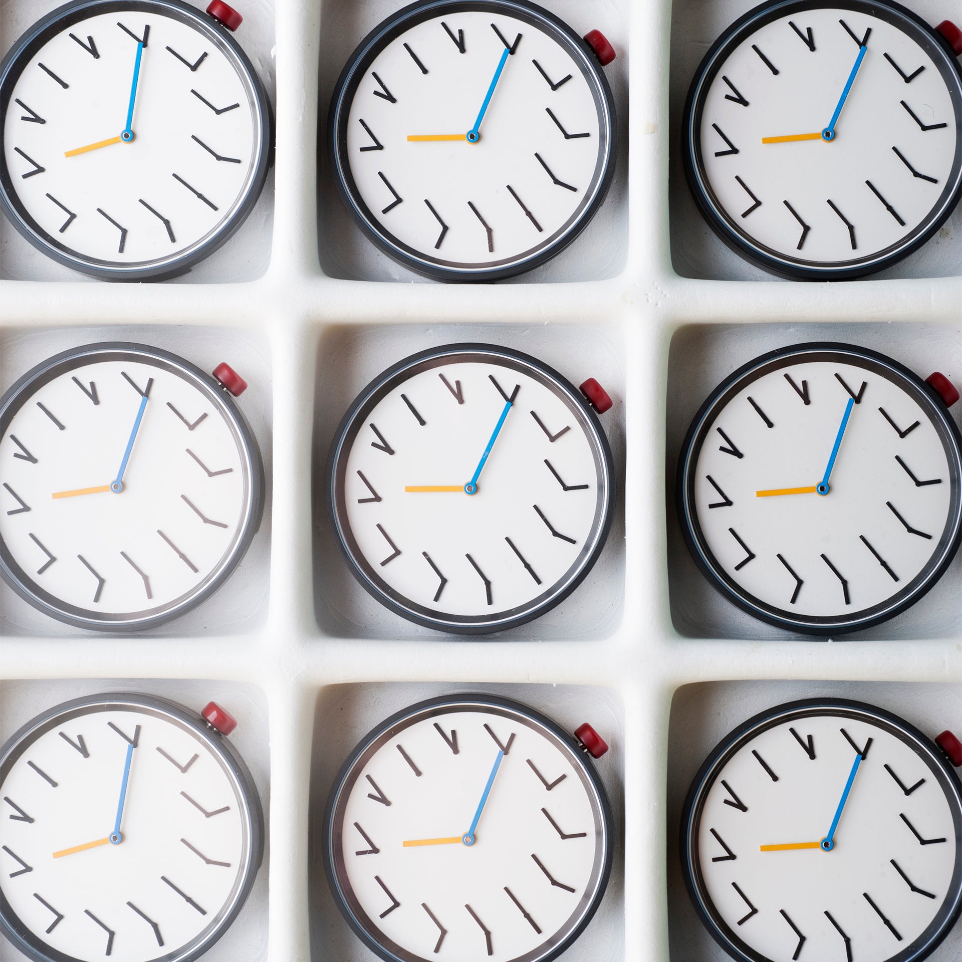 Nine pieces of TTT#2.5 - MoMA Exclusive - Redundant Watch are displayed in individual fields, showcasing their unique and redundant style