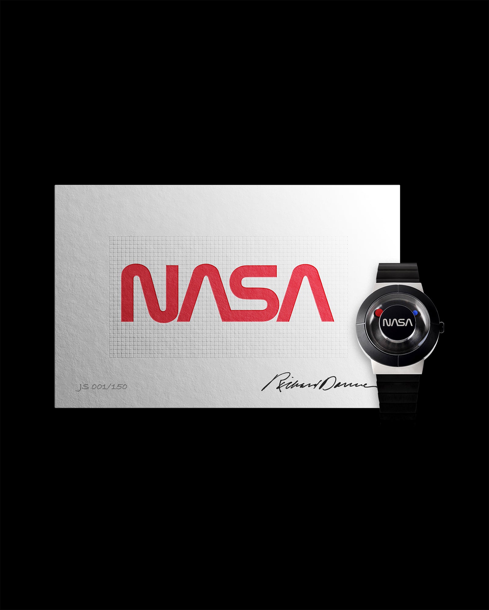 A space watch, inspired by Space itself, “Father of the NASA Design Program” Richard Danne designs his One and Only Space Watch, as homage to his long and fruitful relationship with the NASA family with a number card with NASA logo next to it