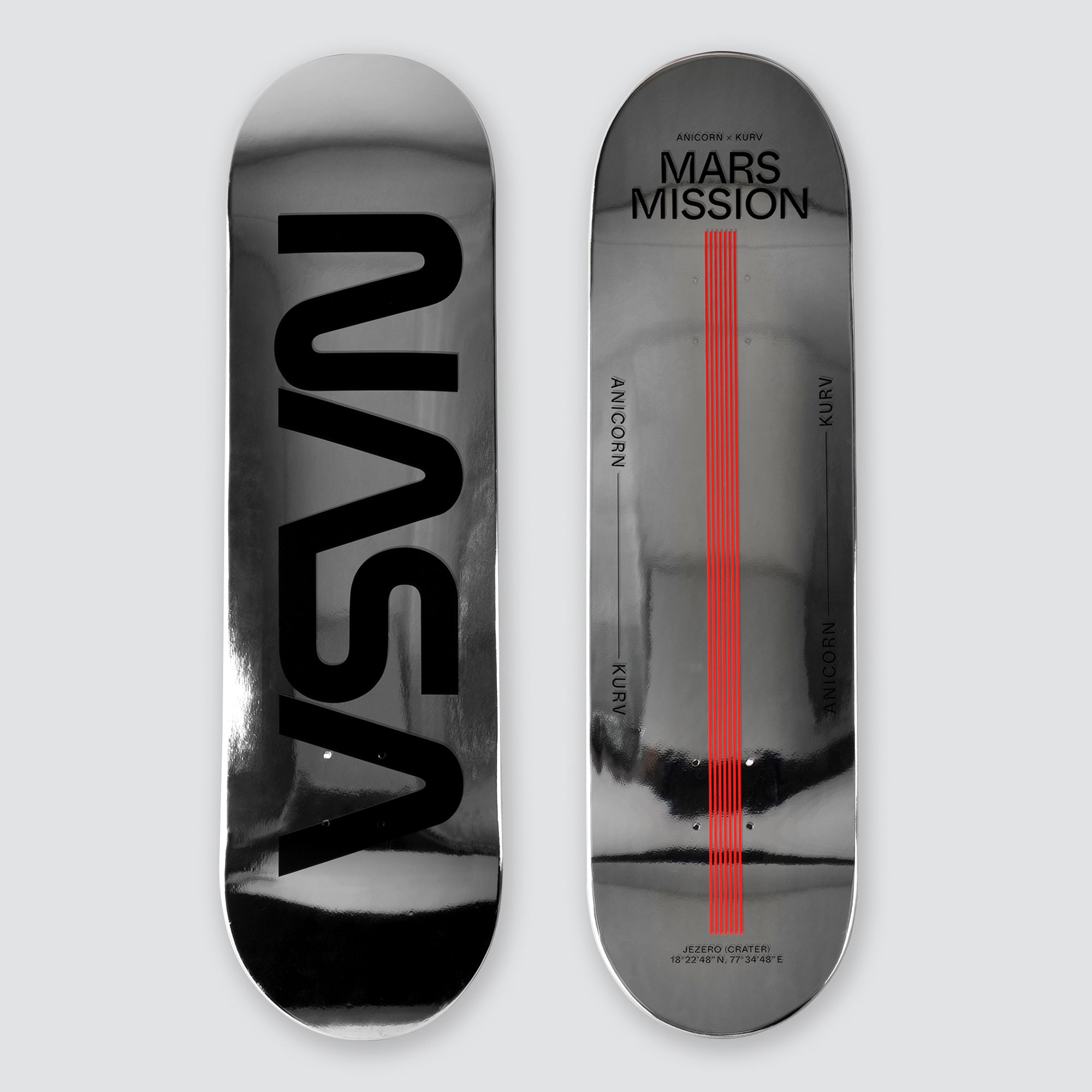 Silvery coated skateboard deck for Mars hovering. The full size (80 x 20 cm / 31 x 8 in) Mars Edge skateboard is made of 7-PLY Grade A Canadian maple wood, it gives durability and flexibility for your hovering mission. The black on silver NASA logo also turns the skateboard into a splendid art piece on the wall. A collaboration with Kurv.