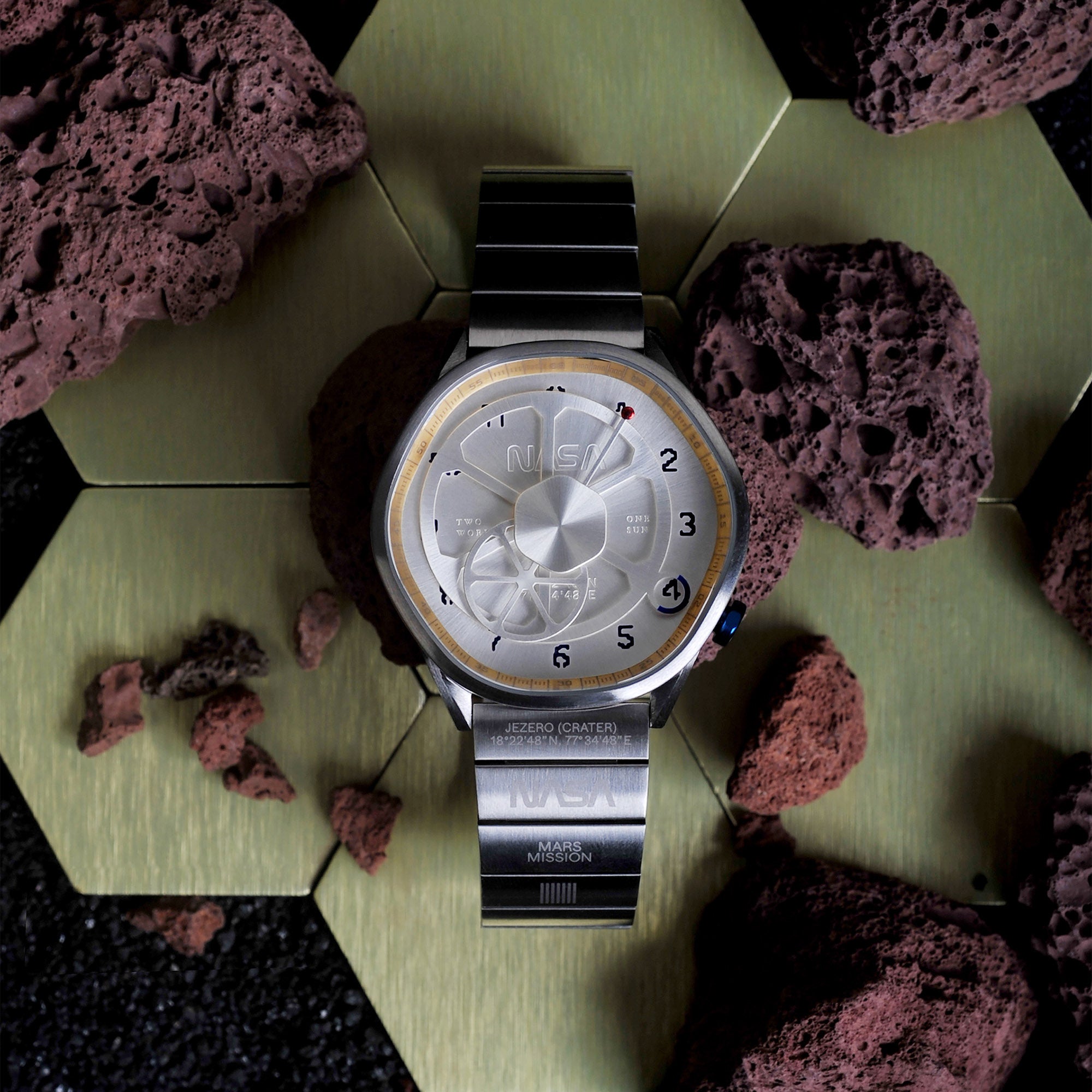 The Mars Time, a watch inspired by Nasa's Perseverance Rover’s landing site Jezero Crater and designed by Anicorn Watches, placed on a white background. View 1