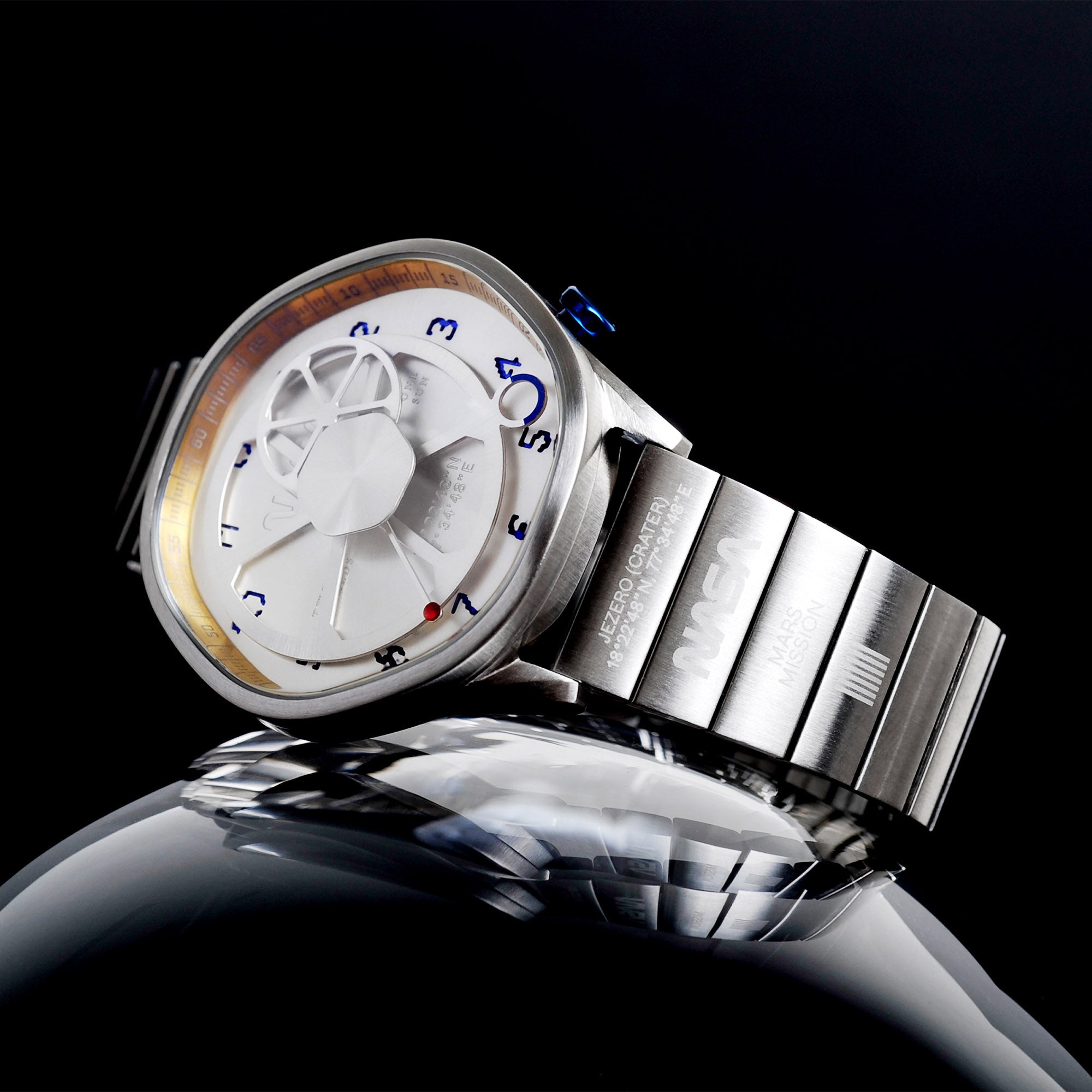 The Mars Time, a watch inspired by Nasa's Perseverance Rover’s landing site Jezero Crater and designed by Anicorn Watches, placed on a white background. View 1
