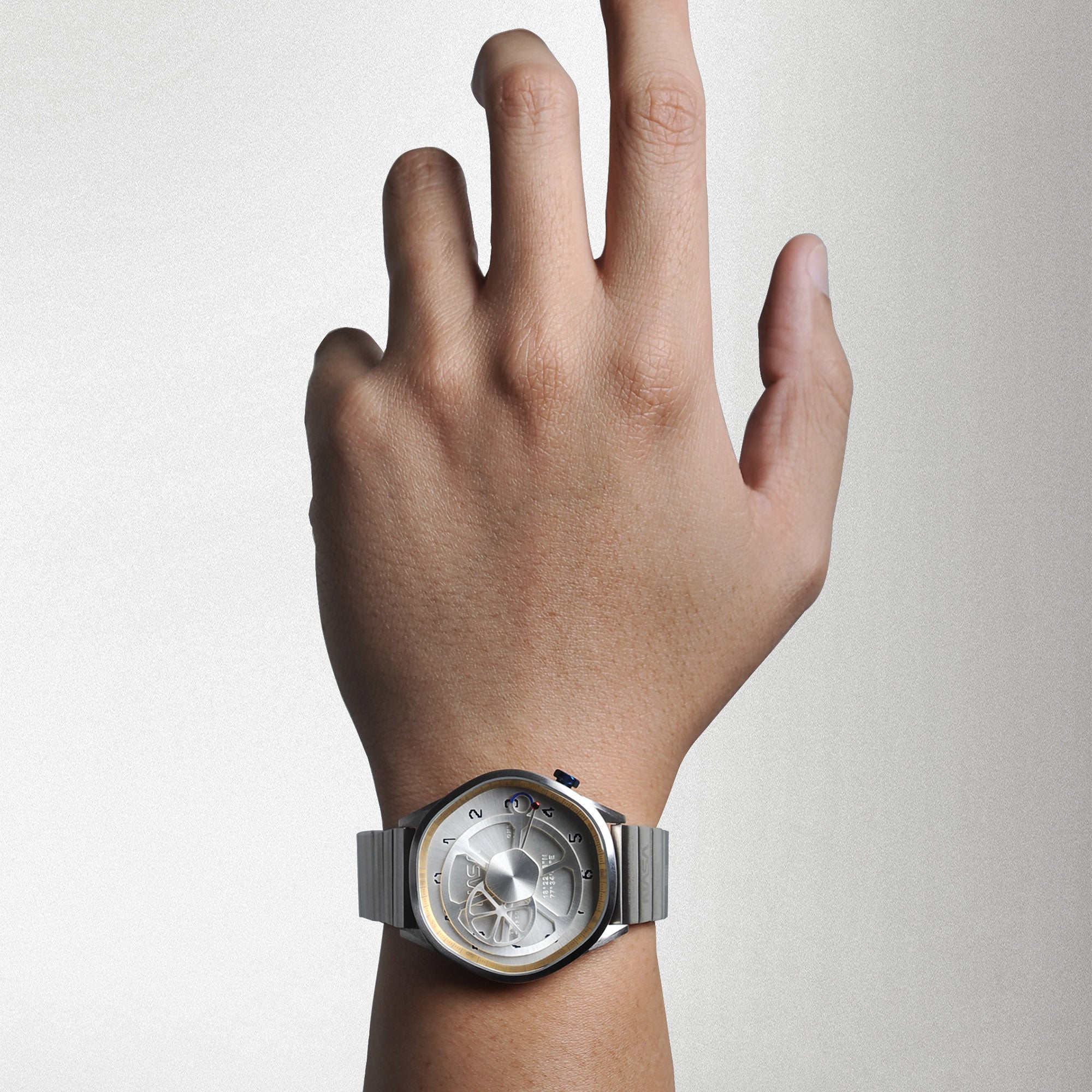The Mars Time, a watch inspired by Nasa's Perseverance Rover’s landing site Jezero Crater and designed by Anicorn Watches, placed on a white background. View 1