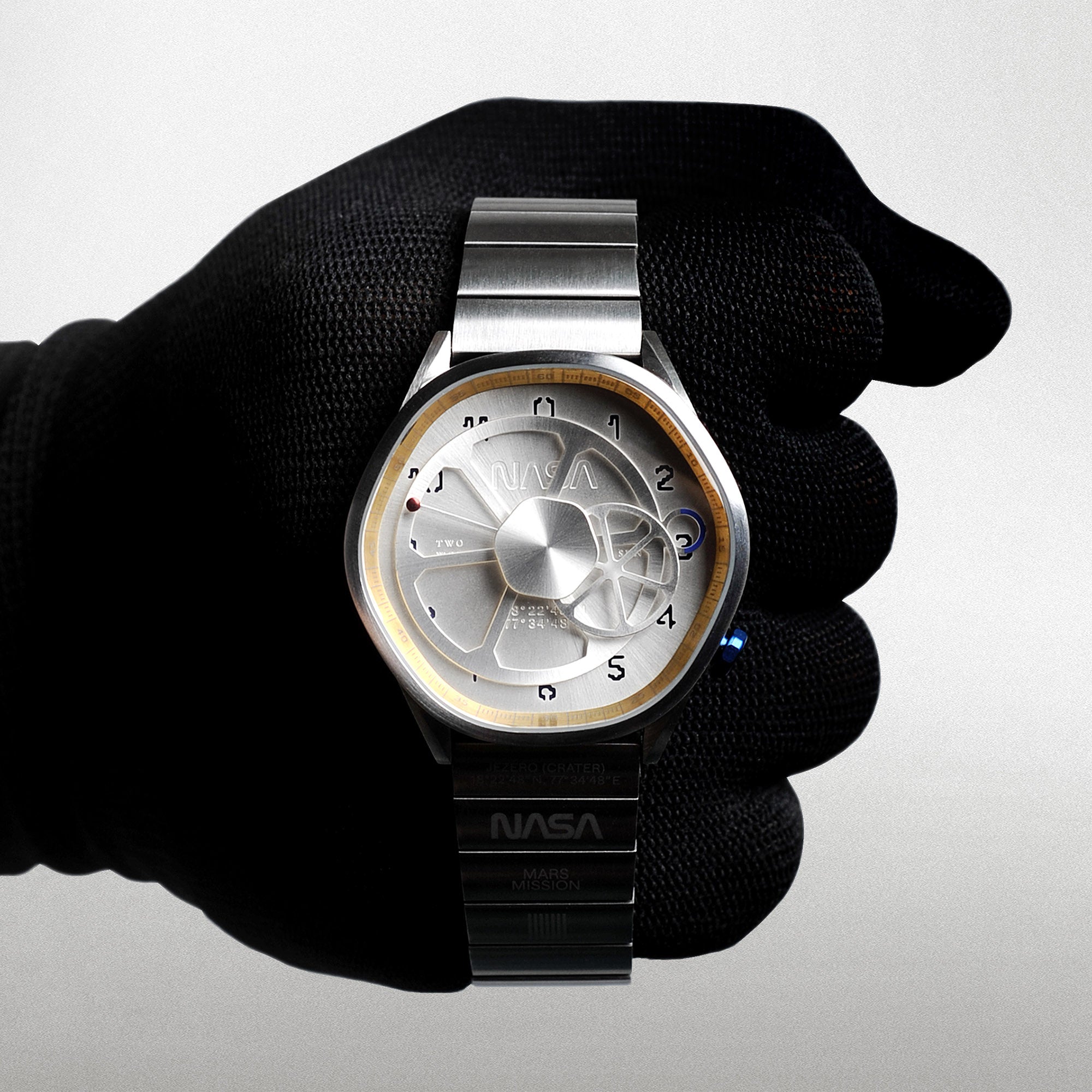 The Mars Time, a watch inspired by Nasa's Perseverance Rover’s landing site Jezero Crater and designed by Anicorn Watches, placed on a white background. View 1