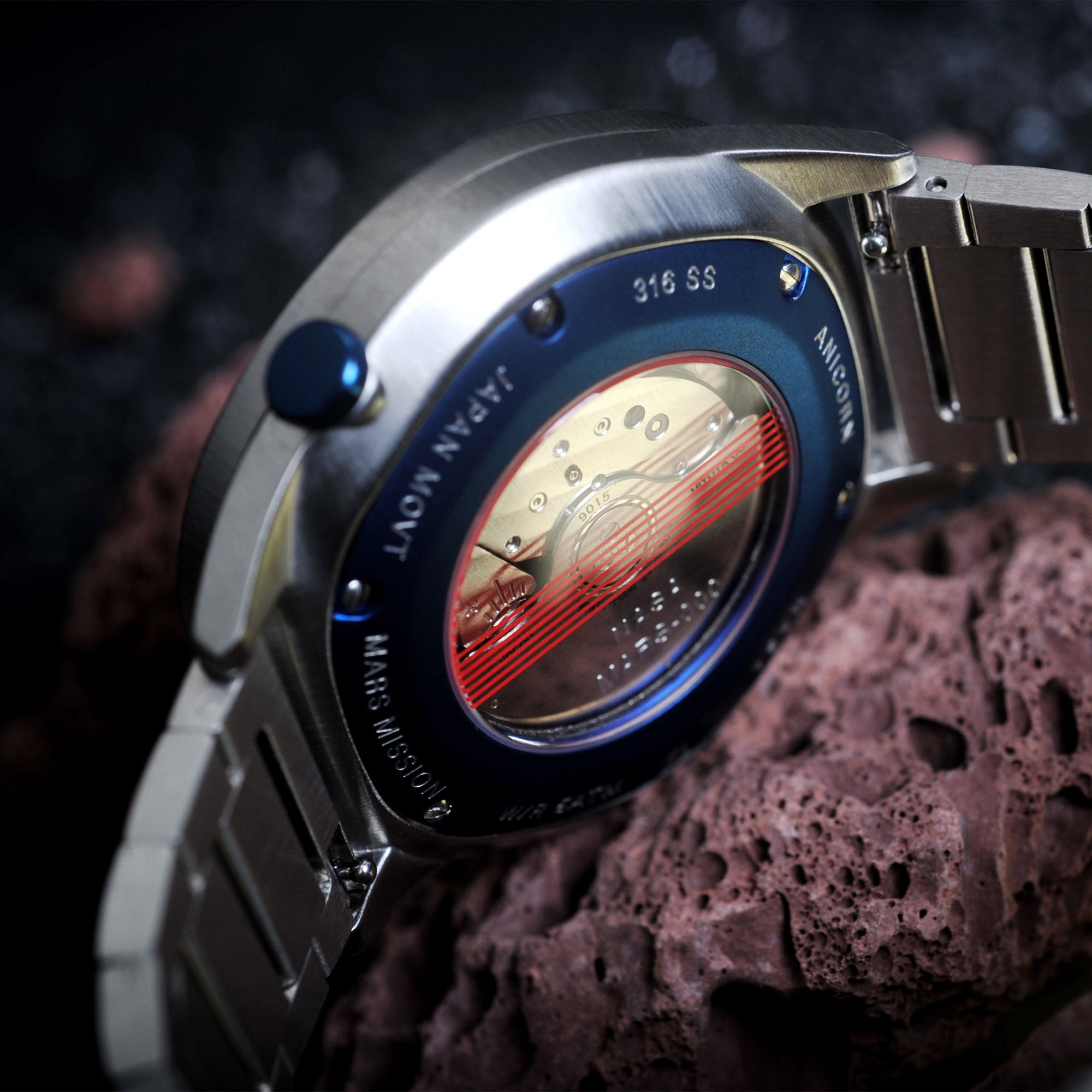The Mars Time, a watch inspired by Nasa's Perseverance Rover’s landing site Jezero Crater and designed by Anicorn Watches, placed on a white background. View 1
