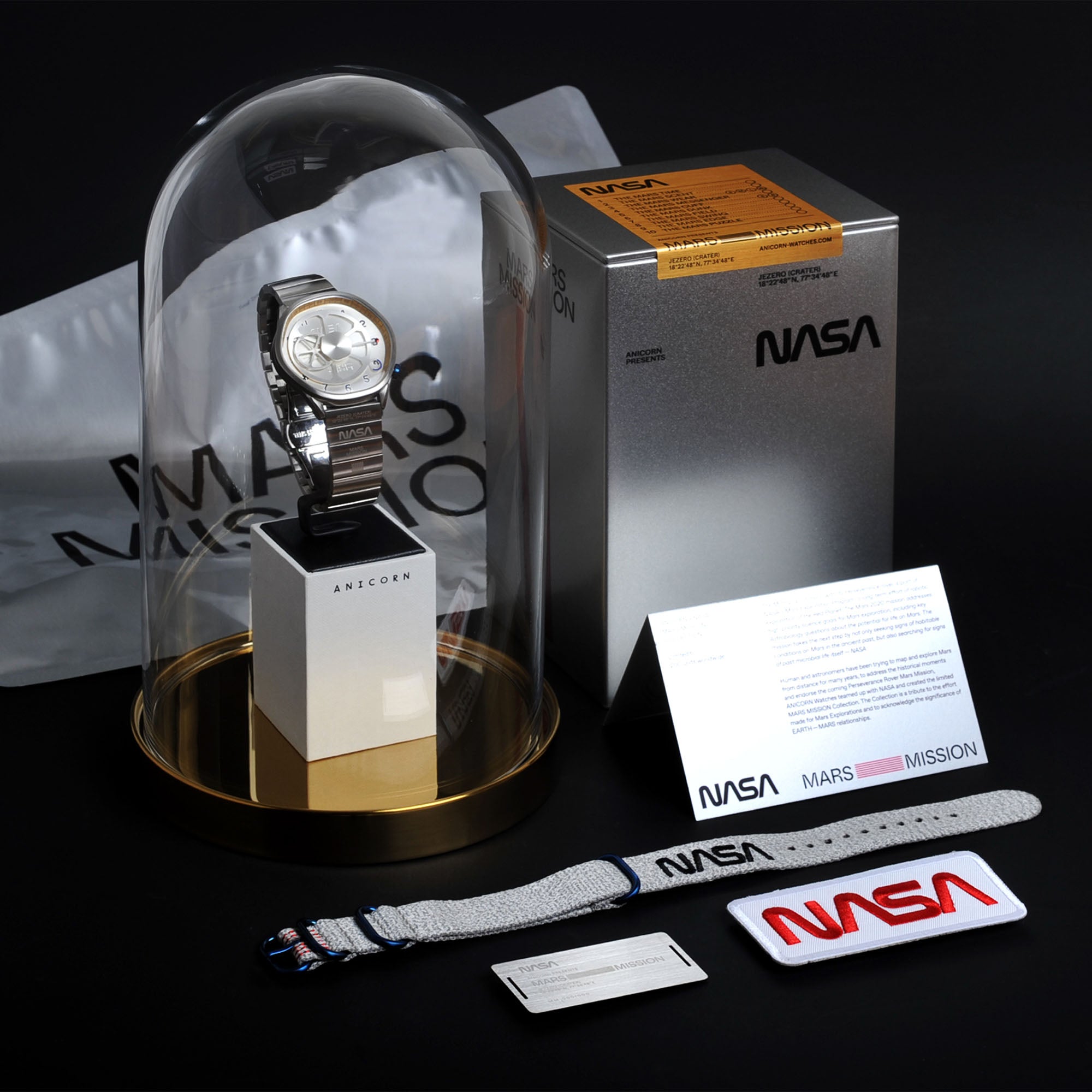 The Mars Time, a watch inspired by Nasa's Perseverance Rover’s landing site Jezero Crater and designed by Anicorn Watches, placed on a white background. View 1