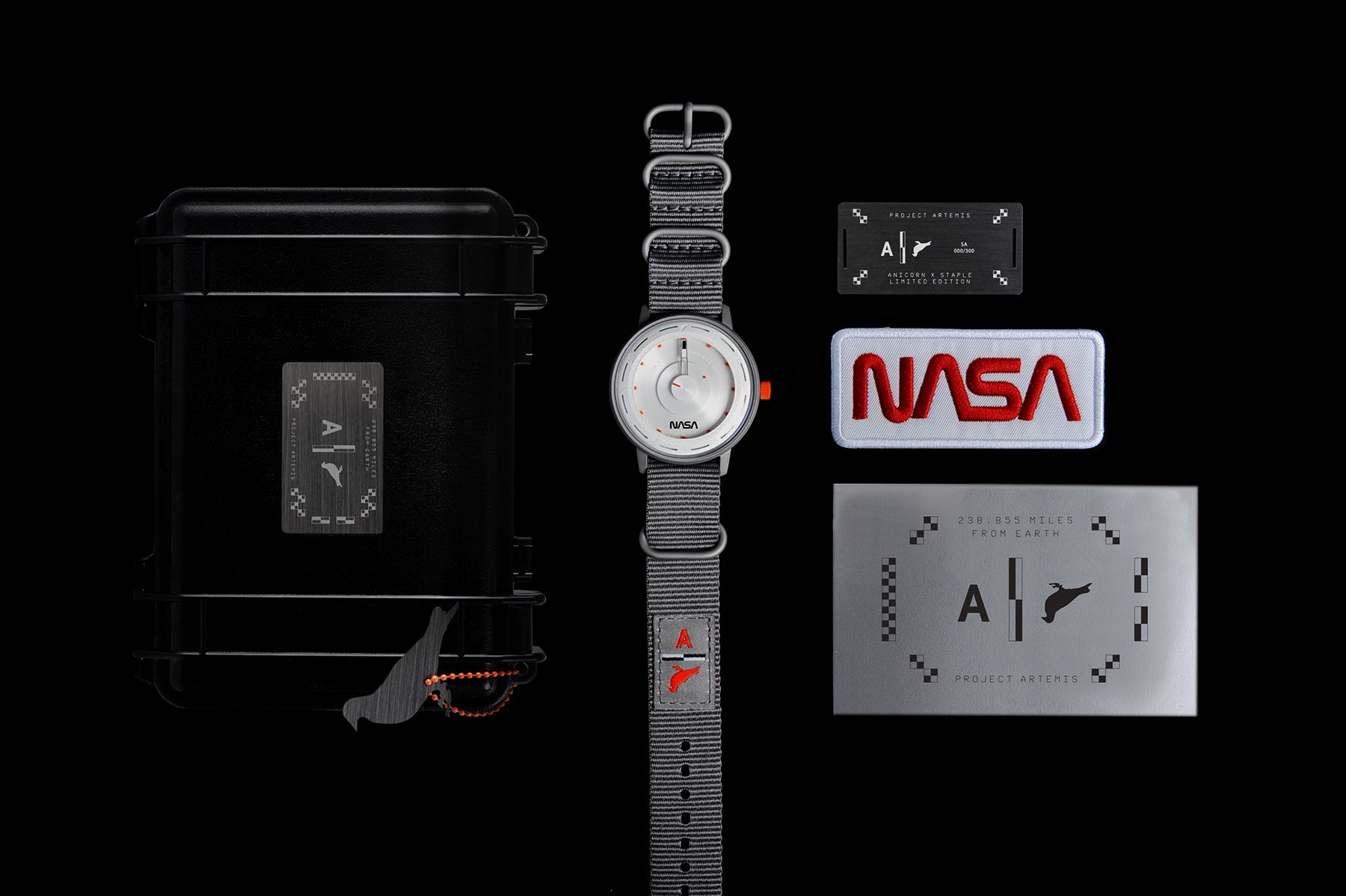 Artemis Time is a timepiece to honor space missions, zero gravity as well as the salutation to the upcoming space expedition. Designed by Jeff Staple and ANICORN, Artemis Time has a special project logo consisting of the initial “A” that stands for both Artemis and Anicorn; the spacecraft roll patterns and of course a unique upside down Zero Gravity “Space Pigeon” signature by STAPLE — the very first for the brand. 