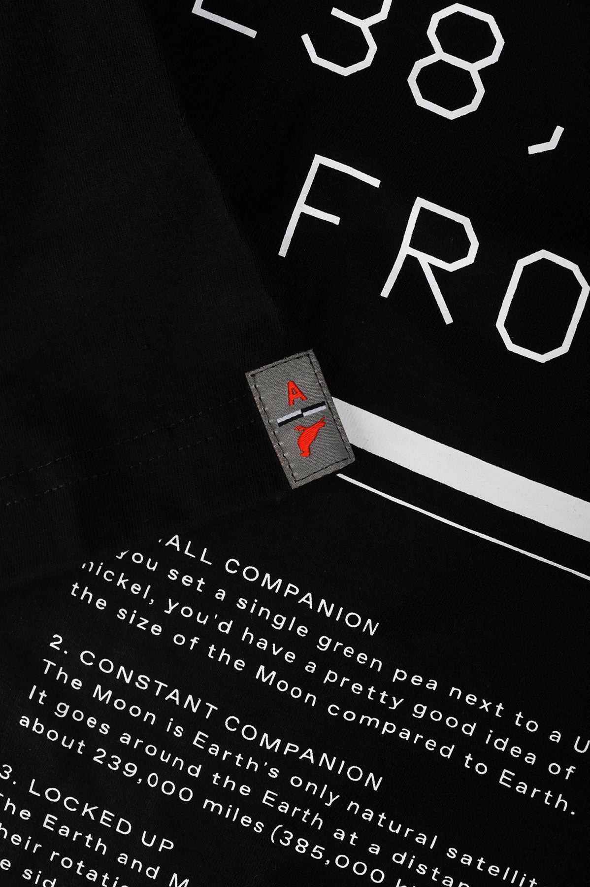 Featuring the upside down Zero Gravity Pigeon and the NASA logo, “Pigeon Moon T” displays 10 facts about our neighbor – the Moon from 238,855 miles afar. The logo of PROJECT ARTEMIS is sewed on the left sleeve, balanced by the graphical roll patterns of spacecraft on the right sleeve. The heavyweight tee is only available in black color.